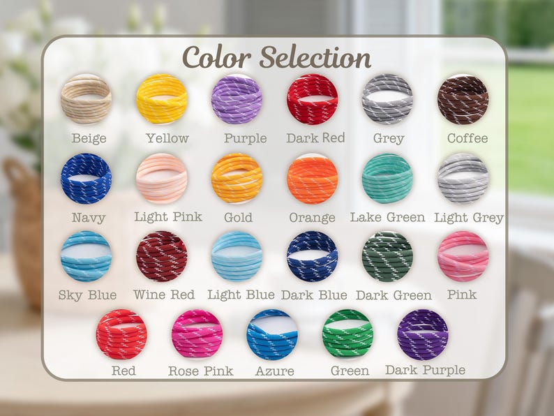 May include: A color selection chart featuring 24 different colors of cord. The colors include beige, yellow, purple, dark red, grey, coffee, navy, light pink, gold, orange, lake green, light grey, sky blue, wine red, light blue, dark blue, dark green, pink, red, rose pink, azure, green, and dark purple.