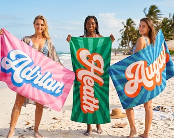 Personalized Retro Beach Towel, Groovy Striped Beach Towel, Custom Bachelorette Party Gift, Vacation Gift Pool Towels