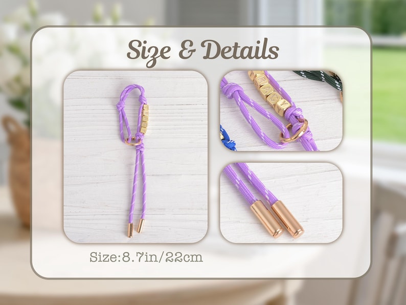 May include: A lavender rope leash with gold-colored accents. The leash features gold-colored square beads spelling out a name, and gold-colored metal tips. The size is 8.7 inches or 22cm.
