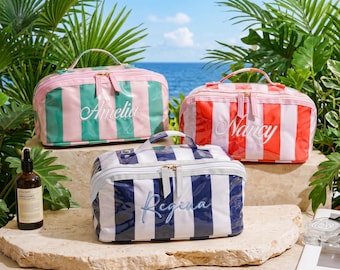 Personalized Embroidered Striped Makeup Bag, Waterproof Toiletry Pouch, Monogram Cosmetic Bag, Bridesmaid Gifts for Her