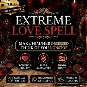 Peut inclure: Une publicité graphique numérique pour un service de sortilège d'amour extrême. Le texte indique Extreme Love Spell, Make Him/Her Obsessed Think Of You Nonstop, Powerful Results, Safe & Karma Free, Photo Proof, Same Day Casting, Personalized Just For You, Trusted By Thousands, Love Passion Obsession Commitment, et Bestseller 17+ Years Experience. Le fond présente des roses rouges, des bougies allumées et un livre ouvert.