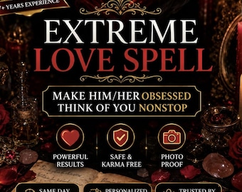 Peut inclure: Une publicité graphique numérique pour un service de sortilège d'amour extrême. Le texte indique Extreme Love Spell, Make Him/Her Obsessed Think Of You Nonstop, Powerful Results, Safe & Karma Free, Photo Proof, Same Day Casting, Personalized Just For You, Trusted By Thousands, Love Passion Obsession Commitment, et Bestseller 17+ Years Experience. Le fond présente des roses rouges, des bougies allumées et un livre ouvert.
