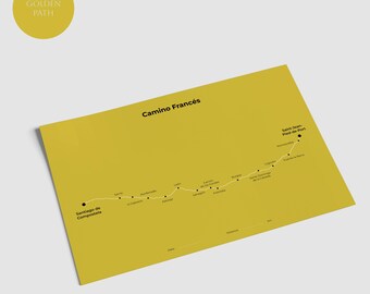 May include: A rectangular mustard yellow print featuring a map of the Camino Francés route. The map displays the path from Saint-Jean-Pied-de-Port to Santiago de Compostela with labeled towns, black dots, and the text Golden Path in a circle.
