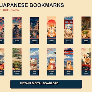 Puede incluir: Un conjunto de 12 marcapáginas japoneses con ilustraciones de Tokio, Kioto, Osaka, Shiba, Lucky Cat, Ramen, Sushi, Matcha, Fuji, Sakura, Torii y Koi. El texto dice 12 JAPANESE BOOKMARKS, PRINT CUT ENJOY e INSTANT DIGITAL DOWNLOAD.