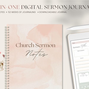 Könnte beinhalten: Ein digitales Predigtjournal mit einem Spiralnotizbuch und einem Tablet. Das Notizbuchcover zeigt "Church Sermon Notes" über einem Aquarellhintergrund. Das Tablet zeigt eine Predigtvorlage.