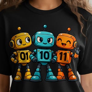 May include: Black t-shirt featuring a colorful graphic of three cartoon robots. The robots are yellow, blue, and orange, each with a unique expression and binary numbers on their chests. The design is playful and eye-catching.