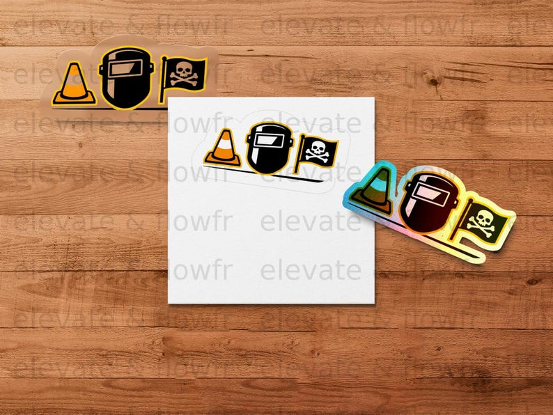 Stickers feature a welding mask and skull with crossbones, with "elevate & flowfr" text.