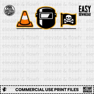 Welding mask, skull and crossbones flag, and the word "EASY".