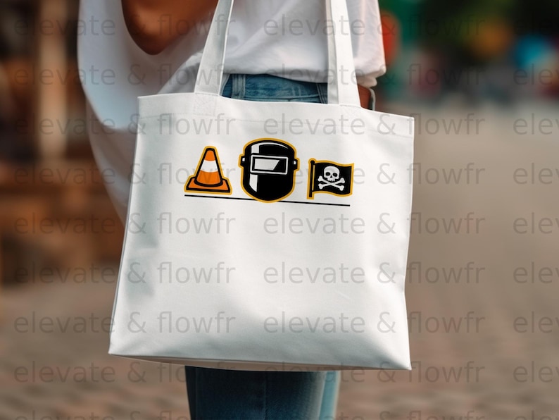 White tote bag with construction helmet, traffic cone, and skull and crossbones graphic.