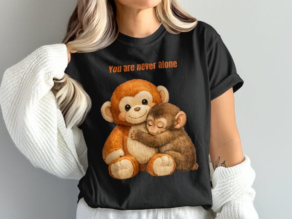 Punch Monkey Shirt You Are Never Alone, Cute Baby Monkey Hugging Plush Tee, Emotional Support Graphic, Comfort Colors Shirt