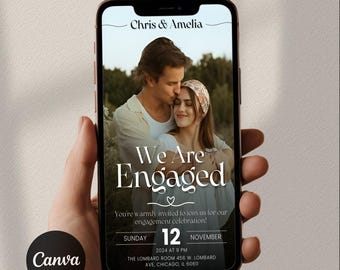 Digital Engagement Party Invitation Template with Photo, Minimalist Couples Shower Invite, Engagement Video Invitation, Engagement Party