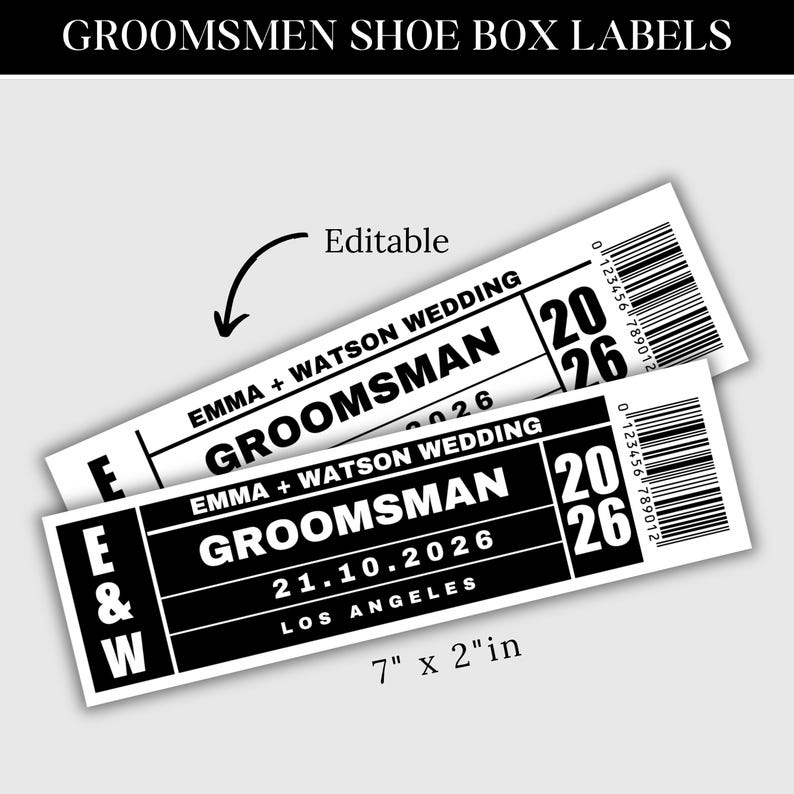 Pu&ograve; includere: Due etichette per scatole di scarpe da testimone di nozze in bianco e nero. Ogni etichetta riporta la scritta "EMMA + WATSON WEDDING" e "GROOMSMAN". Le etichette misurano 17,78 cm x 5,08 cm e includono un codice a barre e la data 21.10.2026.