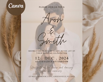 Convite de casamento com fotos em Canva, modelo simples, convite de casamento com fotos, convite de casamento digital para download.