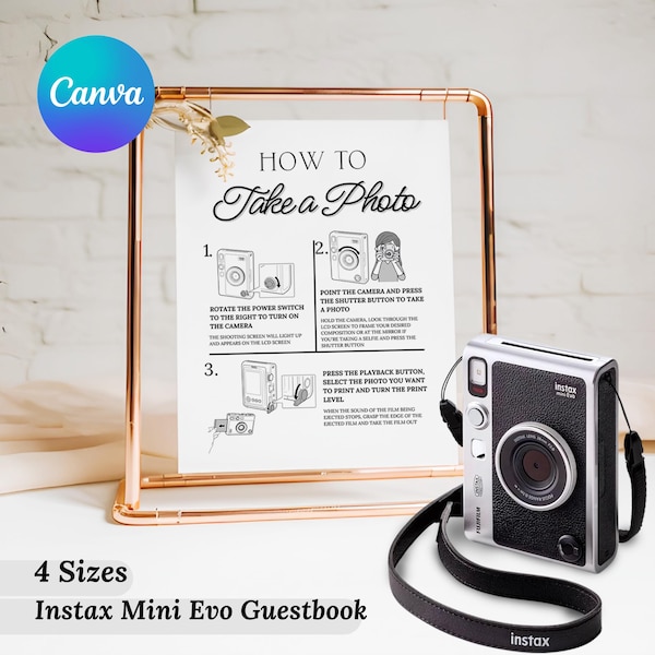 Instax Mini Evo Photo Guestbook, Instax Mini Evo Camera Instructions Sign, How To Load A Film, How To Take A Photo