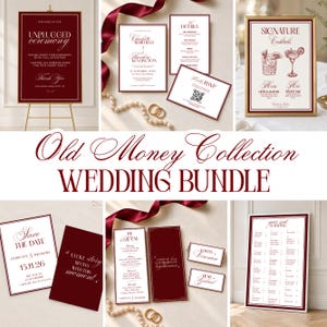May include: A wedding stationery bundle featuring deep red and white signage, invitations, and menus. Items include an unplugged ceremony sign, signature cocktail menu, save the date cards, and seating charts with elegant serif and script typography.