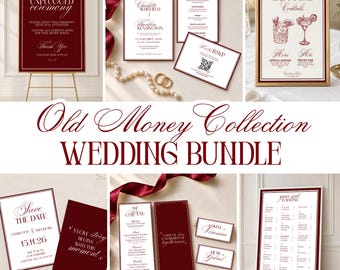 May include: A wedding stationery bundle featuring deep red and white signage, invitations, and menus. Items include an unplugged ceremony sign, signature cocktail menu, save the date cards, and seating charts with elegant serif and script typography.