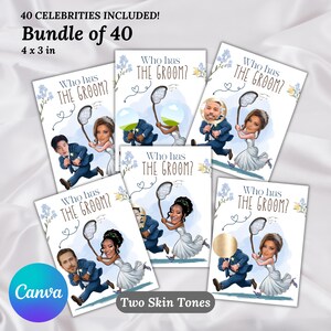May include: A bundle of 40 "Who Has The Groom?" game cards, each 10.16 x 7.62 cm. The cards feature cartoon illustrations of celebrities in a wedding theme, with text that reads "Who has the groom?" and "Two Skin Tones".