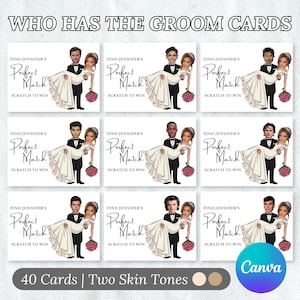 May include: A set of nine scratch-to-win cards with the text "Who Has The Groom Cards". Each card features a cartoon groom carrying a bride. The text "Find Jennifer's Perfect Match" is displayed on each card. The cards are labeled "40 Cards | Two Skin Tones".