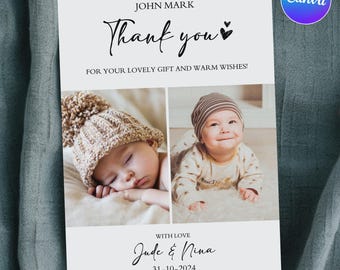 May include: A white card with the text "Thank you" and two baby photos. The card includes the names "John Mark", "Jude & Nina", and the date "31-10-2024". The Canva logo is in the upper right corner.