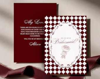 Will You Be My Bridesmaid Card, Old money Hand Drawn Bridesmaid Proposal Card Maid Of Honor Proposal Card Template,Red Retro Bridesmaid card