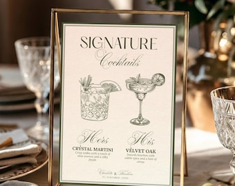 Olive Green Signature Drinks Sign Template Elegant Editable Drink Menu,Old Money Wedding Bar Menu, His and Her Cocktails Sign,Canva Editable