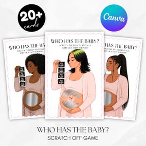Może przedstawiać: Zestaw zdrapek zatytułowanych Who Has The Baby? z ilustracjami ciężarnych osób trzymających zdjęcia USG. Każda karta ma okrągłe srebrne pole do zdrapania na brzuchu z tekstem instruującym, aby zdrapać brzuch i odkryć dziecko lub smaczną niespodziankę. Karty mają falistą krawędź.