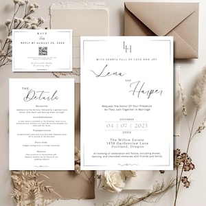 Może przedstawiać: Elegancki zestaw zaproszeń ślubnych o minimalistycznym designie. Zestaw zawiera zaproszenie, kartę RSVP i kartę ze szczegółami. Zaproszenie zawiera imiona "Lena i Harper" oraz datę ślubu, 04.07.2023. Zestaw jest w neutralnej palecie kolorów.