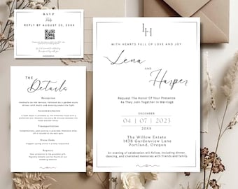 Minimalistic Wedding Invitation Templates, Elegant Wedding Invitation, Elegant Wedding Invite Suit With QR Code RSVP, Modern Wedding Invite