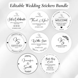 May include: A collection of white, circular wedding stickers with black text. The stickers feature phrases like "Let's Celebrate," "Thank You," and "Welcome." Each sticker includes the names "Jennifer & Smith" and the date "20 March 2025."