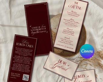 Classic Old Money Wedding Menu Template, Luxury Old Money Wedding Menu And Place Card Set, Burgundy Wedding Dinner Menu and Thank You Card,