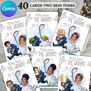 Puede incluir: Un conjunto de tarjetas de juego de boda con el texto "Who has the Groom?" e ilustraciones de personas persiguiendo a un novio. Las tarjetas presentan varios tonos de piel y están etiquetadas como "40 CARDS-TWO SKIN TONES" y "Canva".