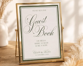 Olive Green Canva Wedding Guest Book, Old Money Wedding Table Sign, Wedding Signage Decor, Luxury Guest Book sign Frame