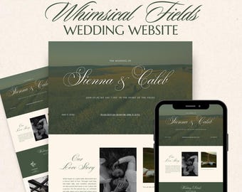 Site Web de mariage vert olive et floral avec RSVP, faire-part de mariage en ligne, compte à rebours de mariage en ligne, carte interactive, invitation de site Web en toile