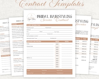 Plantilla editable de contrato de peluquería para novias, plantilla de servicios para novias, acuerdo de servicios de peluquería para bodas y fiestas nupciales, términos y condiciones para novias.