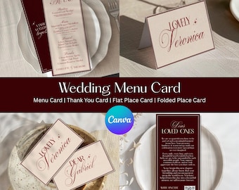 Classic Old Money Wedding Menu Template, Luxury Old Money Wedding Menu And Place Card Set, Burgundy Wedding Dinner Menu and Thank You Card,