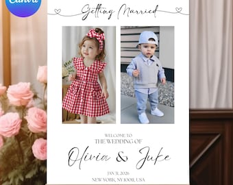 May include: A white wedding sign on an easel with the text "THESE KIDS ARE Getting Married." It features photos of a young girl in a red gingham dress and a boy in a vest. The sign reads "WELCOME TO THE WEDDING OF Olivia & Juke" with the date and location.