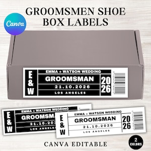May include: A gray shoe box with labels that read "GROOMSMAN" and wedding details. The labels are black and white with a barcode and the text "EMMA + WATSON WEDDING". The image also includes the text "CANVA EDITABLE".