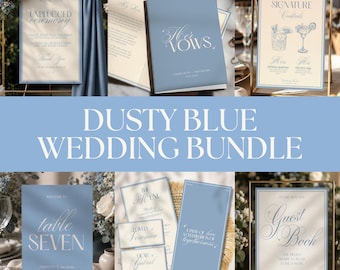 Dusty Blue Wedding Stationery Bundle, Luxury Blue & Beige Canva Wedding Invite Set, Wedding Itinerary,Wedding Menu, Signature Cocktail Sign