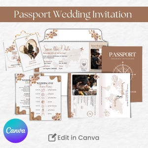 May include: A collection of passport-themed wedding invitations in shades of brown and white. The design includes "Save the Date" cards, a wedding day timeline, and a passport-style invitation with a compass rose. The text "Passport Wedding Invitation" is at the top.