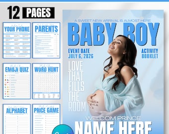 Prince Baby Shower Activity Booklet, Magazine Style Activity Booklet, Blue Baby Shower Games Bundle, Editable Magazine baby Shower Booklet