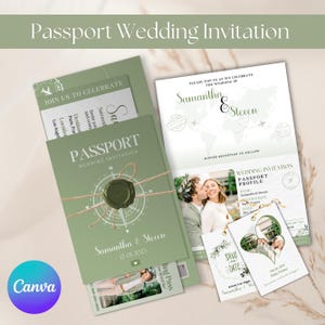 Puede incluir: Un conjunto de invitaciones de boda con temática de pasaporte en tonos verdes y blancos. La invitación principal presenta un diseño de brújula, los nombres "Samantha & Steven" y la fecha 12-01-2023. Incluye una tarjeta "Save the Date" y una invitación.