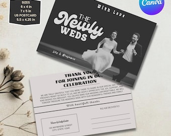 Vintage Newlywed Postcard, Customizable Wedding Photo Thank You Card Template, Printable Postcard Canva Template, Wedding Card