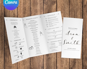 Trifold Wedding Program Template, Wedding Ceremony Program, Modern Wedding Foldable Program, Infographic Wedding, Wedding Day Timeline Canva