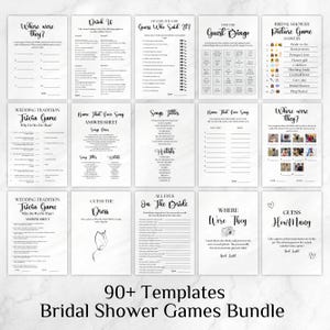 Puede incluir: Una colección de juegos imprimibles para la despedida de soltera en papel blanco. Los juegos incluyen trivia, bingo y juegos de adivinanzas. El texto "90+ Templates Bridal Shower Games Bundle" está en la parte inferior.