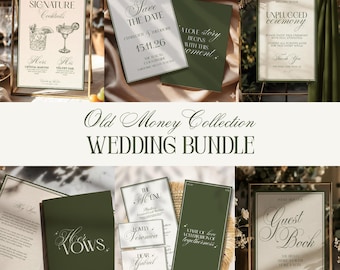 Luxus-Hochzeits-Einladungsset in Olivgrün, Altes Geld-Hochzeits-Briefpapier-Set, Hochzeitskarte, Hochzeitsmenü, Signature-Cocktail-Zeichen