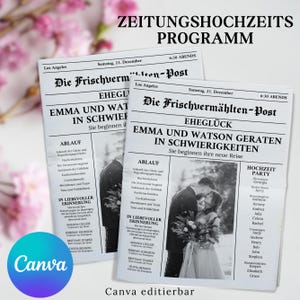 May include: Two wedding newspaper programs with the headline "ZEITUNGSHOCHZEITS PROGRAMM". The newspapers feature a black and white photo of a couple kissing. The Canva logo is visible in the bottom left corner.