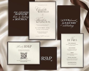 Old Money Wedding Invitation Suite, Espresso Brown Wedding Invite, Timeless Wedding Invite, RSVP QR Code, Canva Editable