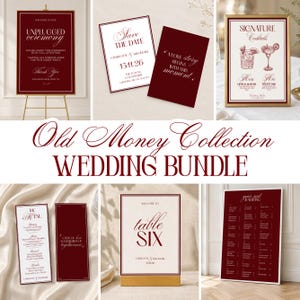 Puede incluir: Un conjunto de papelería de boda con carteles en color burdeos y crema, que incluye un letrero para la ceremonia, tarjetas de reserva de fecha, un menú de cócteles, un menú de cena, un número de mesa y un plano de asientos con tipografía elegante.
