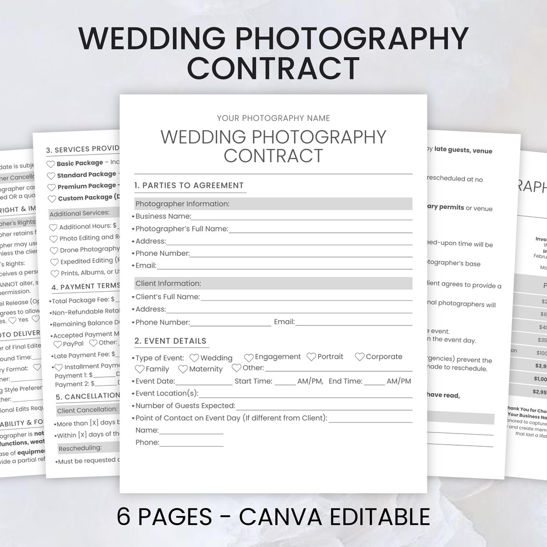 Wedding Photographer Contract Template, Wedding Contract Template