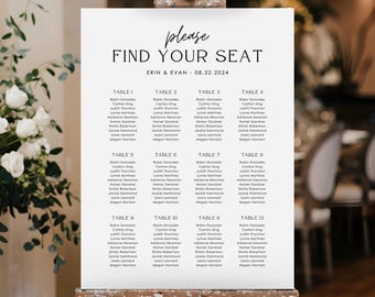 Editable Wedding Seating Chart Template, Modern Minimalist Table Seating Template, Find Your Seat Sign, Editable Canva Template